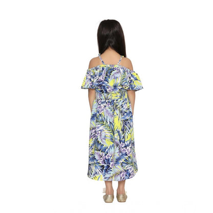 Generic Girl's Polyester Moss Printed Off Shoulder Straps Dress (Blue)
