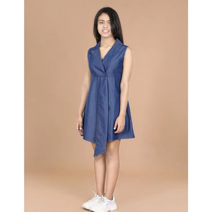 Generic Girl's Denim Solid Sleeveless Shirt collar Dress (Blue)