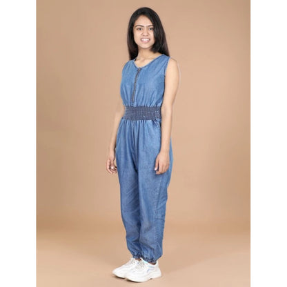 Generic Girl's Denim Solid Shoulder Straps V-Neck Dress (Blue)
