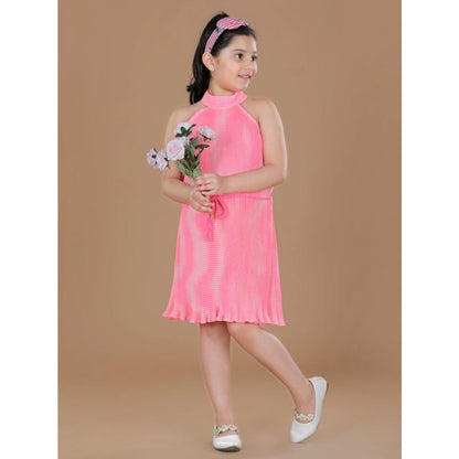 Generic Girl's Polyester Crepe Printed Sleeveless Round Neck Dress (Pink)