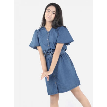 Generic Girl's Denim Solid Short Sleeve V-Neck Dress (Blue)