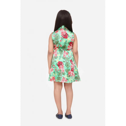 Generic Girl's Satin Floral Printed Sleeveless Shirt Collar Dress (Multicolor)