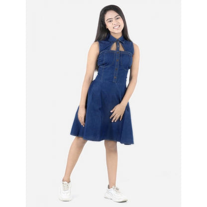 Generic Girl's Denim Solid Sleeveless Shirt collar Dress (Blue)