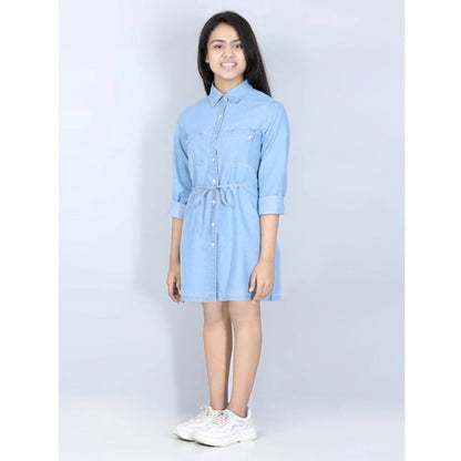 Generic Girl's Denim Solid Long Sleeve Shirt collar Dress (Blue)