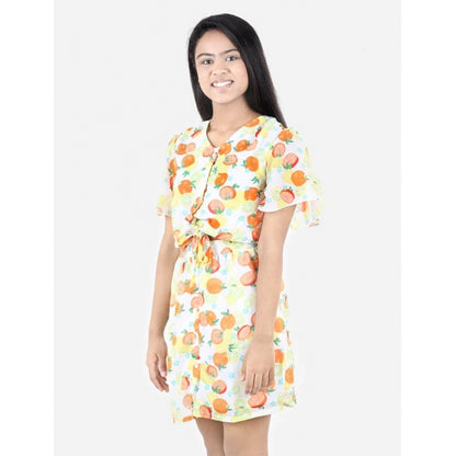 Generic Girl's Polyester Printed Short Sleeve V-Neck Dress (Yellow-Orange)