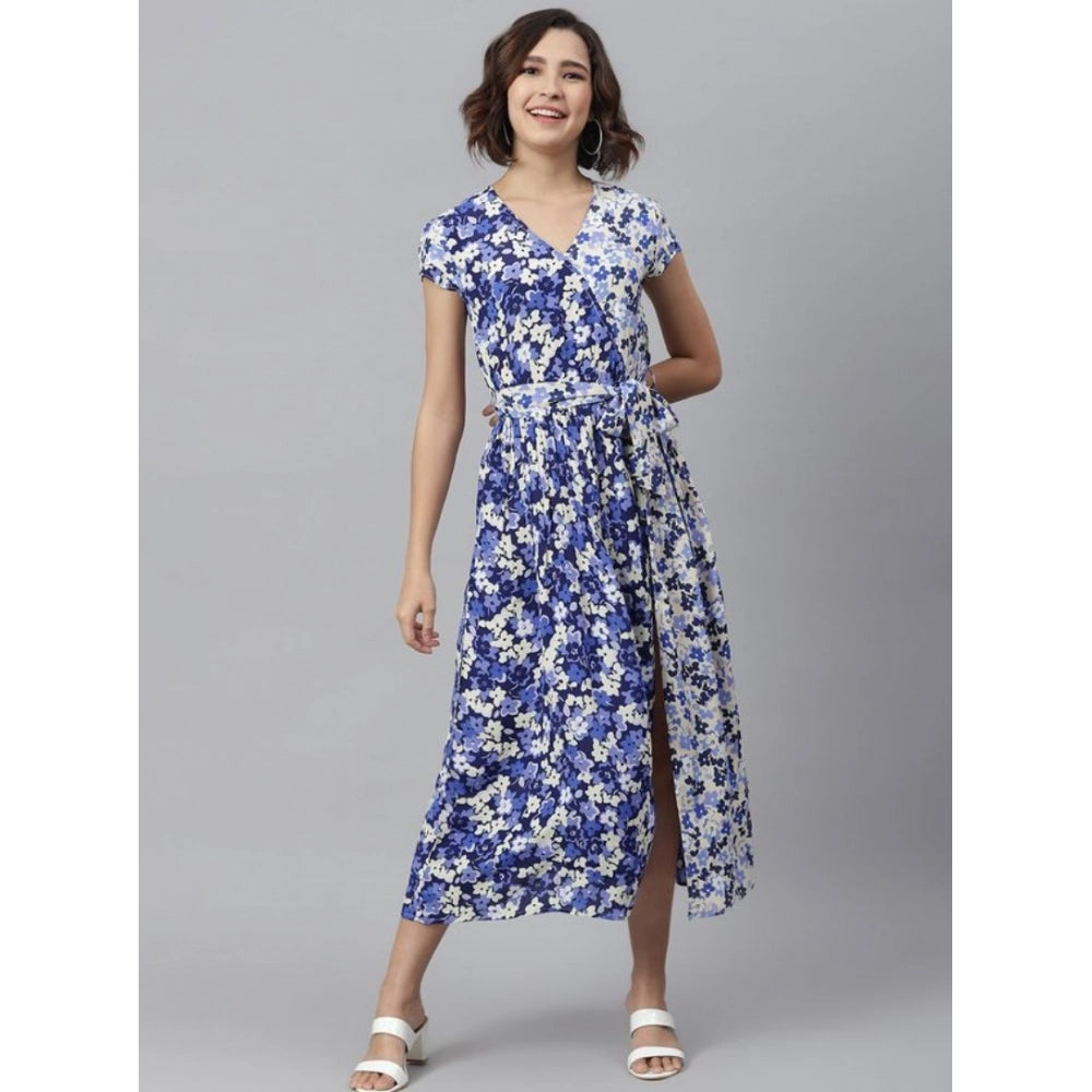 Generic Women's Polyester Floral V-Neck Short Sleeve Dress (Purple-White)