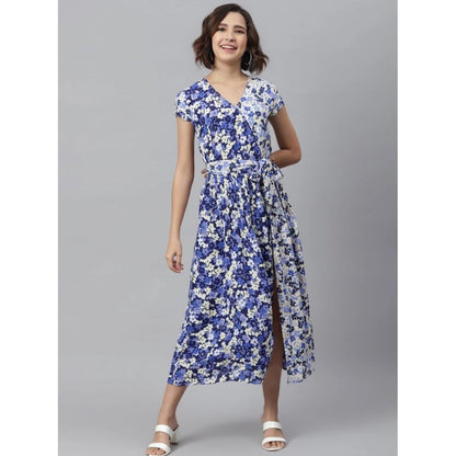 Generic Women's Polyester Floral V-Neck Short Sleeve Dress (Purple-White)