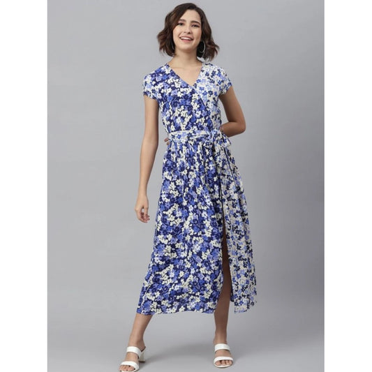 Generic Women's Polyester Floral V-Neck Short Sleeve Dress (Purple-White)