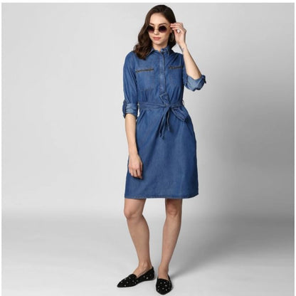 Generic Women's Denim Solid Collar Neck Roll Up Sleeve Dress (Blue)