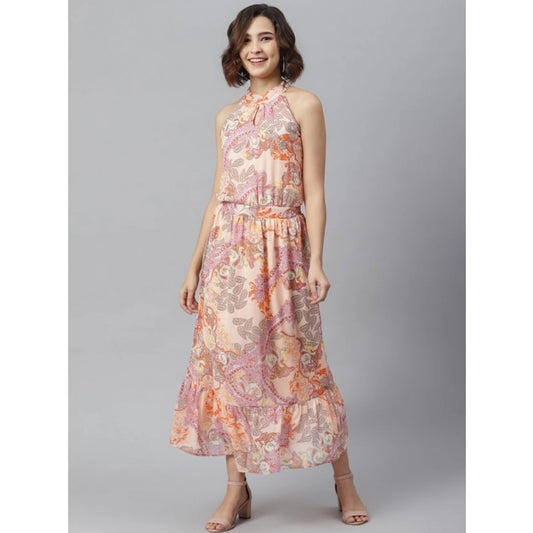 Generic Women's Polyester Maxi Halter Neck Sleeveless Dress (Peach)