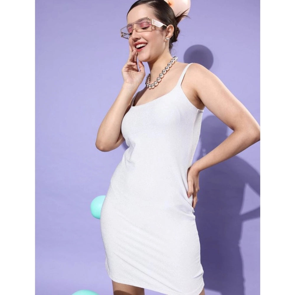 Generic Women's Polyester Lycra Embellished Square Neck Sleeveless Dress (Silver)