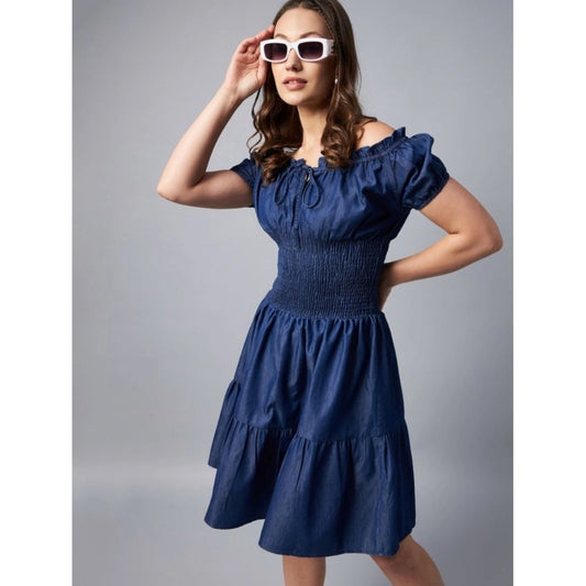 Generic Women's Denim Solid Off-Shoulder Short Sleeve Dress (Blue)