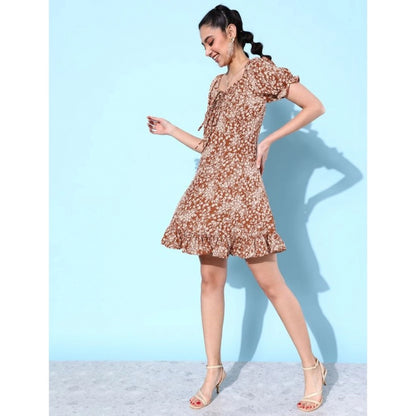 Generic Women's Polyester Crepe Floral Square Neck Short Sleeve Dress (Rust)