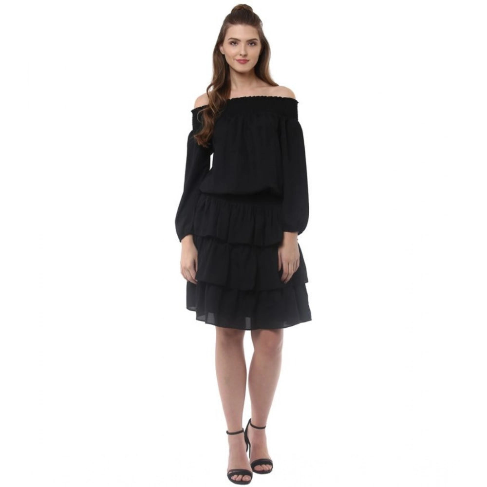Generic Women's Polyester Moss Solid Off-Shoulder Long Sleeves Dress (Black)
