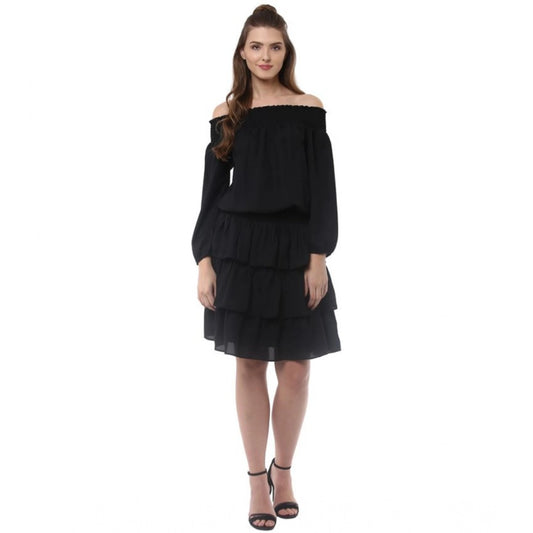 Generic Women's Polyester Moss Solid Off-Shoulder Long Sleeves Dress (Black)