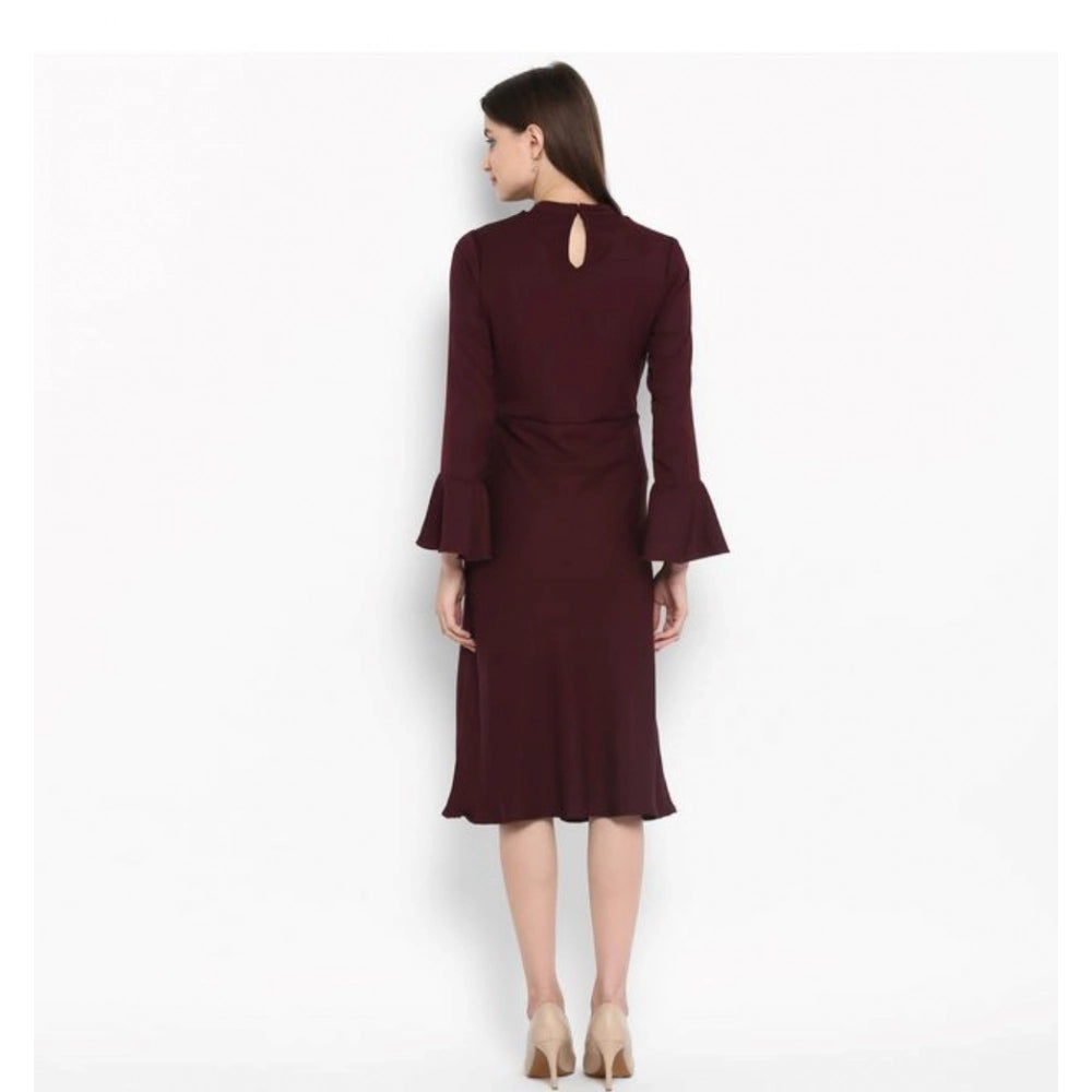 Generic Women's Polyester Ruffled Close Neck Bell Sleeve Dress (Maroon)