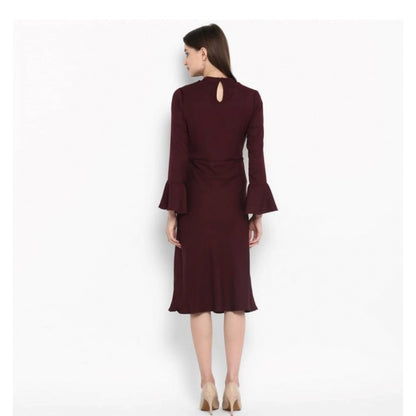 Generic Women's Polyester Ruffled Close Neck Bell Sleeve Dress (Maroon)