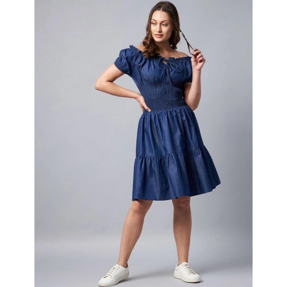 Generic Women's Denim Solid Off-Shoulder Short Sleeve Dress (Blue)