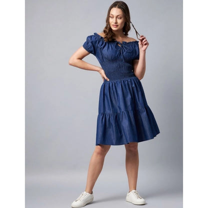 Generic Women's Denim Solid Off-Shoulder Short Sleeve Dress (Blue)