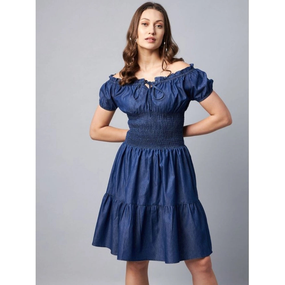Generic Women's Denim Solid Off-Shoulder Short Sleeve Dress (Blue)