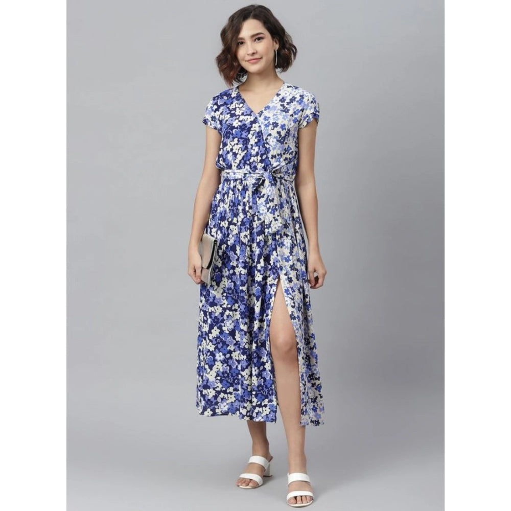Generic Women's Polyester Floral V-Neck Short Sleeve Dress (Purple-White)