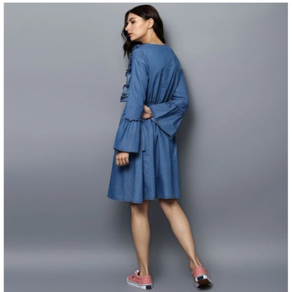 Generic Women's Denim Solid V-Neck Bell Sleeve Dress (Blue)