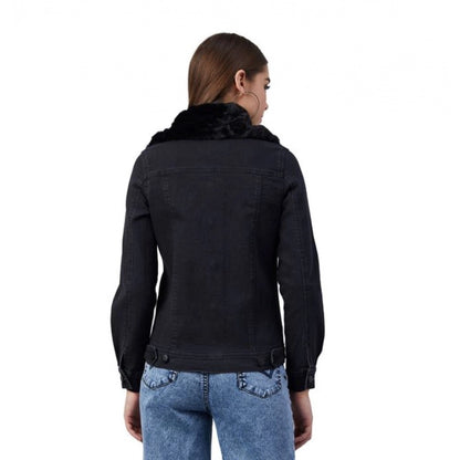 Generic Women's Denim &amp; Faux Fur Washed Long Sleeve Jacket (Black)