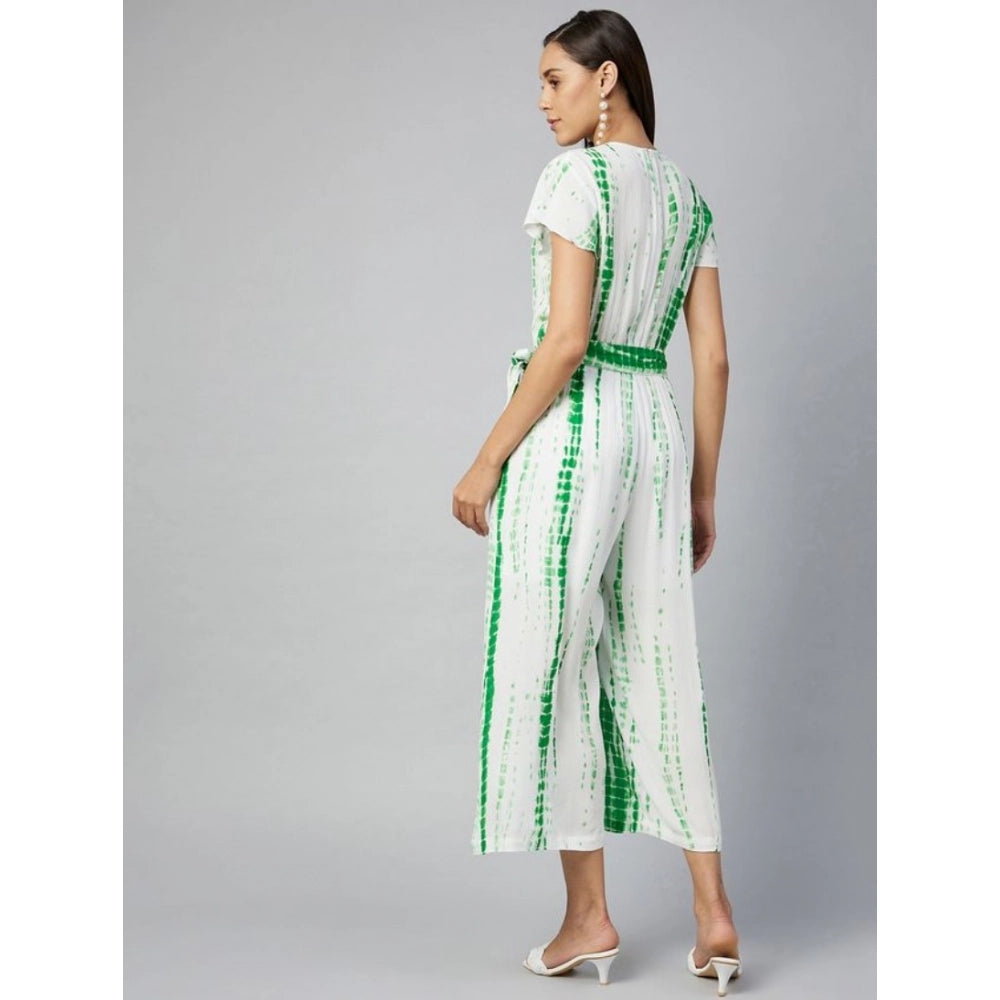 Generic Women's Rayon Striped Short Sleeve Jumpsuit (Green - White)