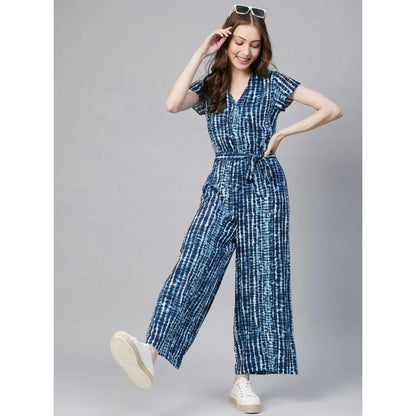 Generic Women's Rayon Tie &amp; Dye Short Sleeve Jumpsuit (Blue)