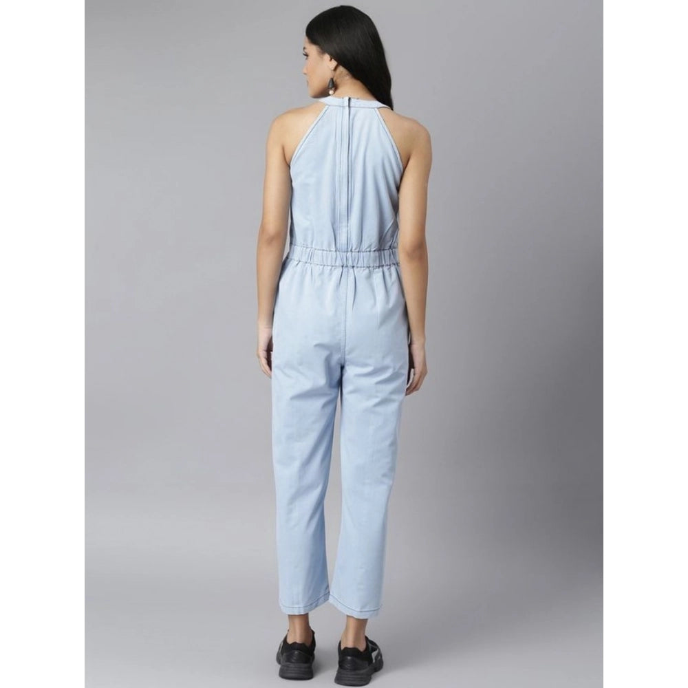 Generic Women's Denim Self Design Sleeveless Jumpsuit (Blue)