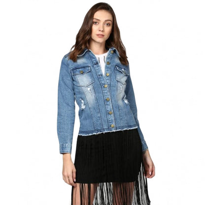 Generic Women's Denim Distressed Long Sleeve Jacket (Blue)