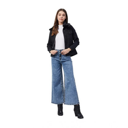 Generic Women's Denim &amp; Faux Fur Washed Long Sleeve Jacket (Black)