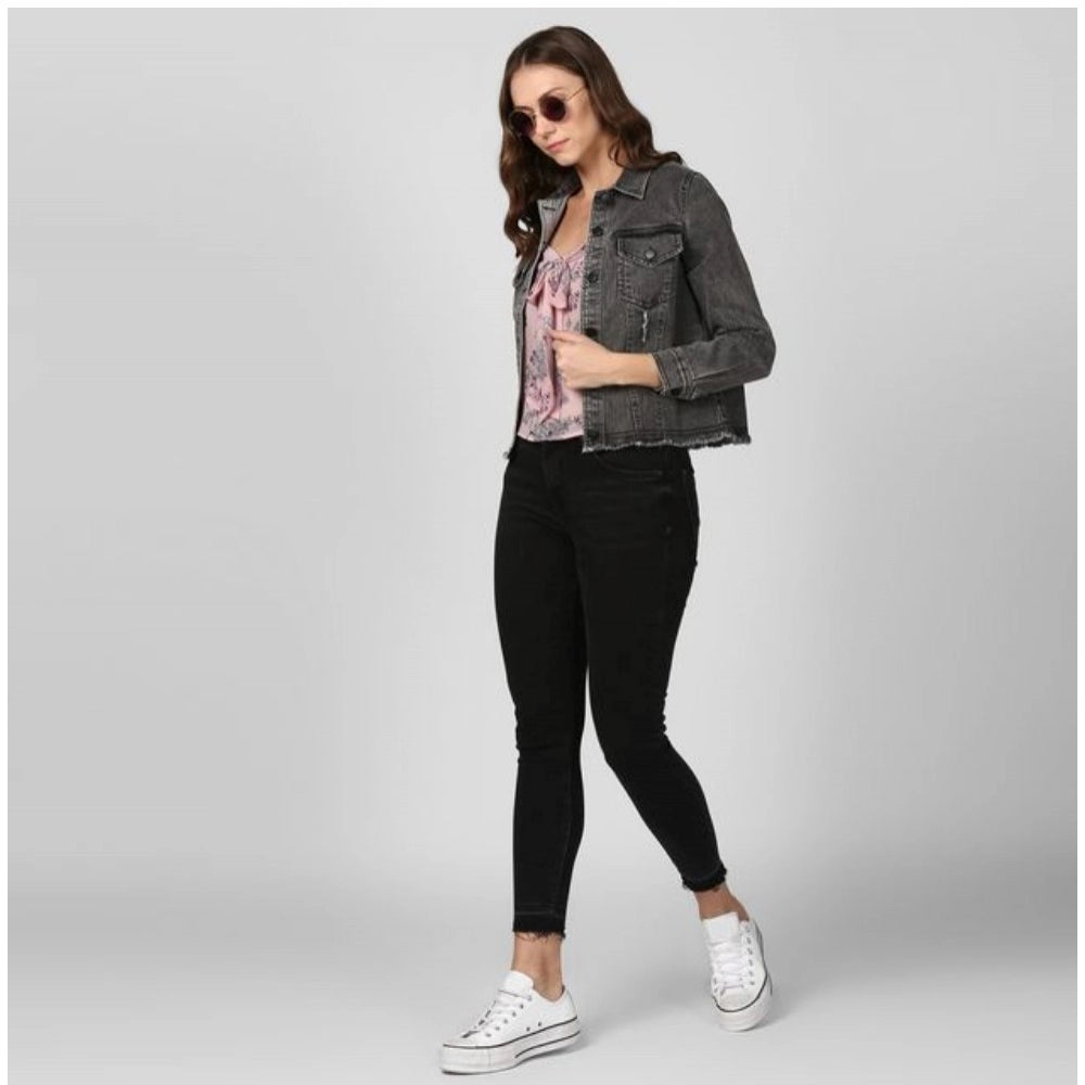 Generic Women's Denim Distressed Long Sleeve Jacket (Black)