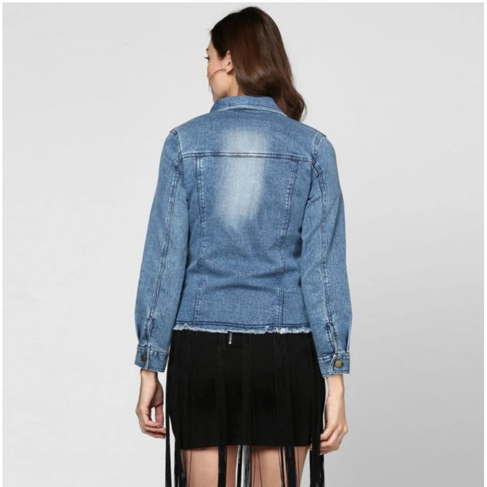 Generic Women's Denim Distressed Long Sleeve Jacket (Blue)