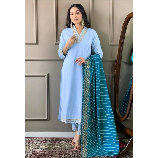 Generic Women's Roman Silk Embroidery 3-4th Sleeve V-Neck Kurti With Pant Dupatta Set (Rama)