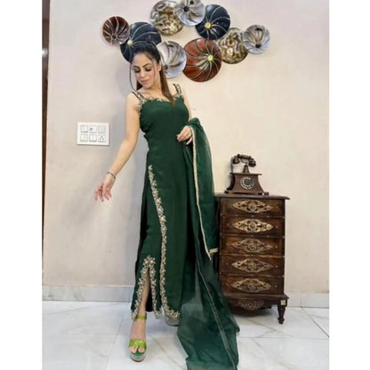 Generic Women's Georgette Embroidery Sleeveless Round Neck Kurti, Palazzo And Dupatta Set (Green)