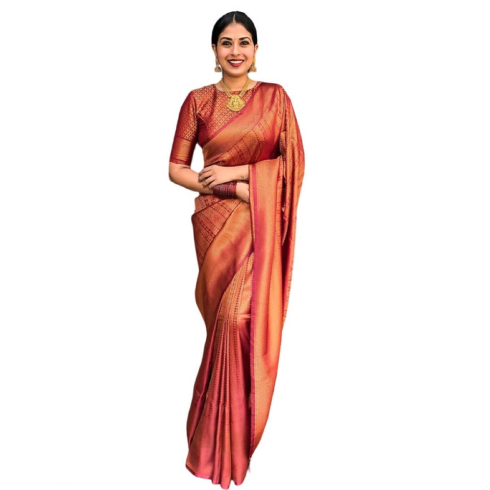 Generic Women's Litchi silk Printed Saree With Unstitched Blouse (Red)