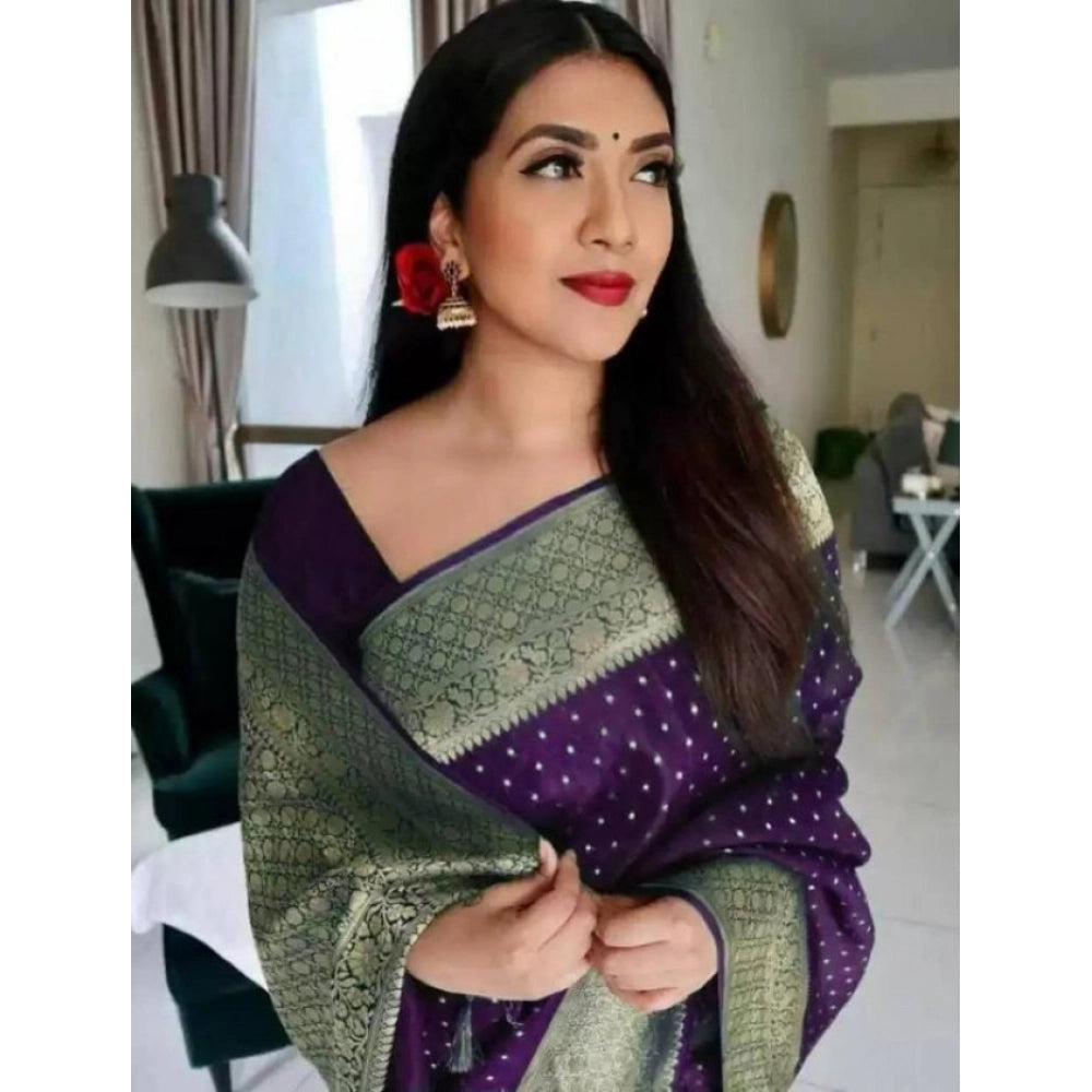 Generic Women's Litchi silk Printed Saree With Unstitched Blouse (Purple)