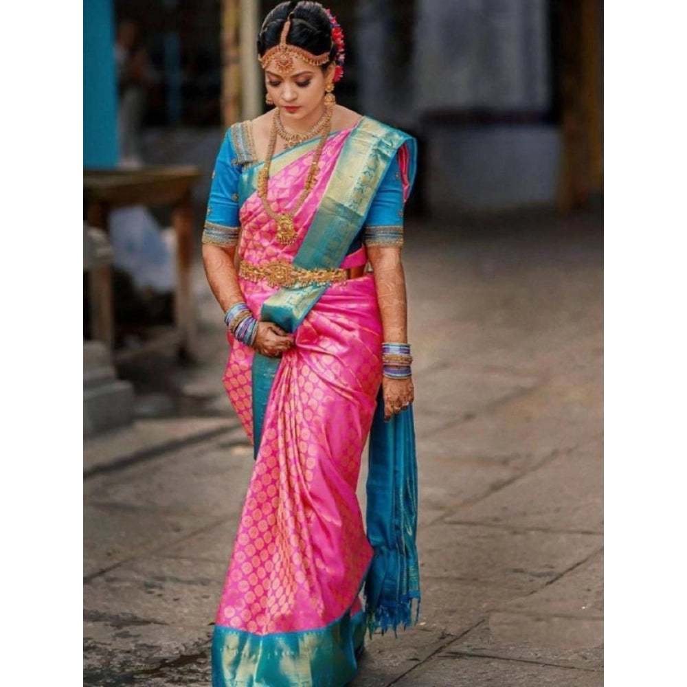 Generic Women's Litchi silk Printed Saree With Unstitched Blouse (Pink)