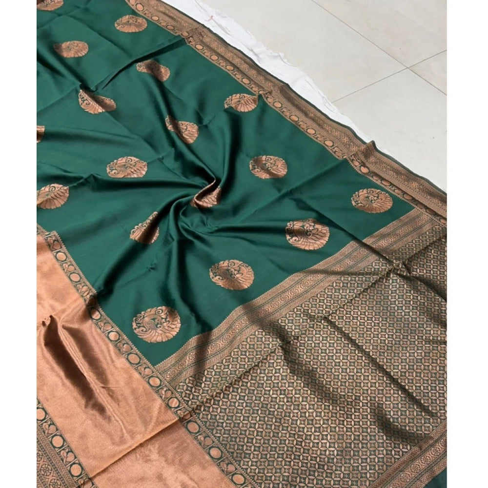 Generic Women's Litchi silk Printed Saree With Unstitched Blouse (Green)