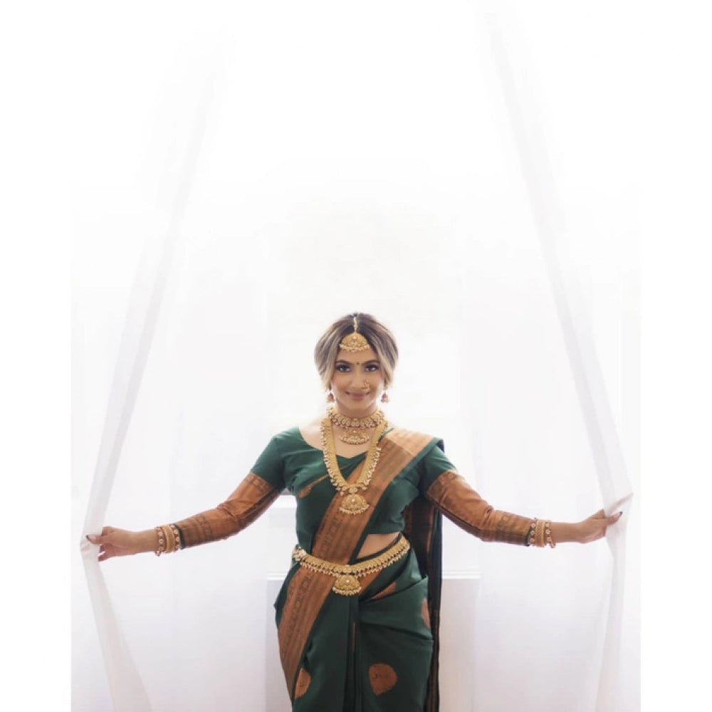 Generic Women's Litchi silk Printed Saree With Unstitched Blouse (Green)