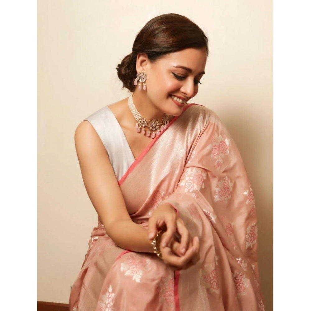 Generic Women's Litchi silk Printed Saree With Unstitched Blouse (Peach)