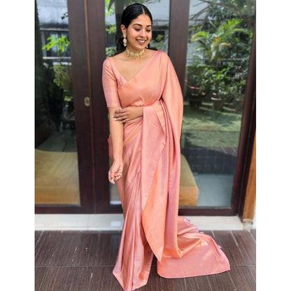 Generic Women's Litchi silk Printed Saree With Unstitched Blouse (Peach)