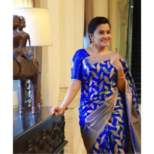 Generic Women's Litchi silk Printed Saree With Unstitched Blouse (Blue)