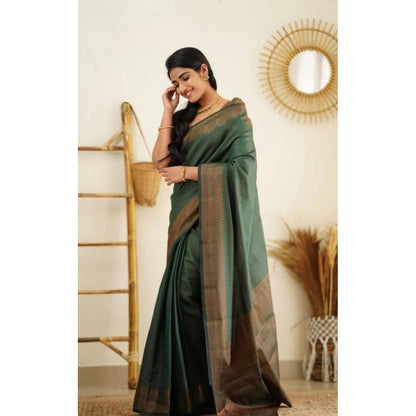 Generic Women's Litchi silk Printed Saree With Unstitched Blouse (Green)