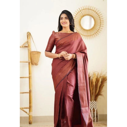 Generic Women's Litchi silk Printed Saree With Unstitched Blouse (Maroon)