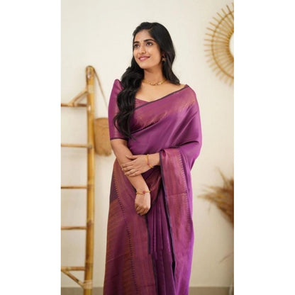 Generic Women's Litchi silk Printed Saree With Unstitched Blouse (Purple)