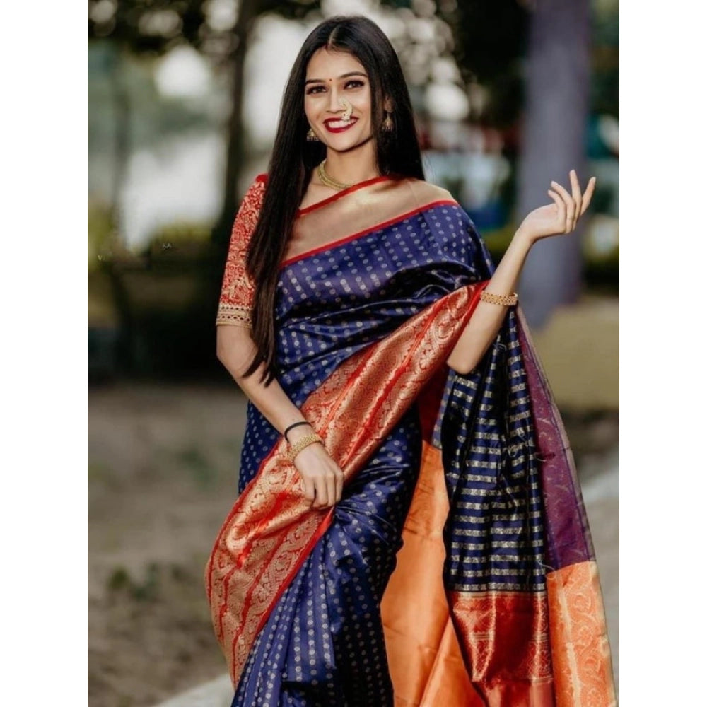 Generic Women's Litchi silk Printed Saree With Unstitched Blouse (Blue)