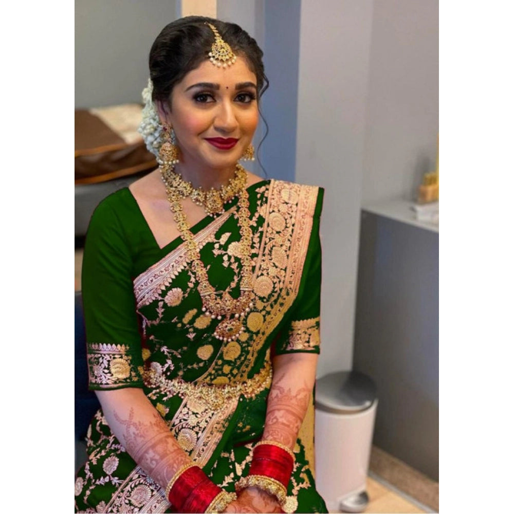 Generic Women's Litchi silk Printed Saree With Unstitched Blouse (Green)