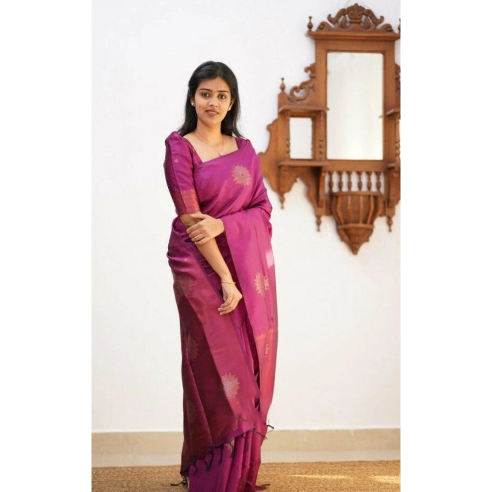 Generic Women's Litchi silk Printed Saree With Unstitched Blouse (Dark Pink)